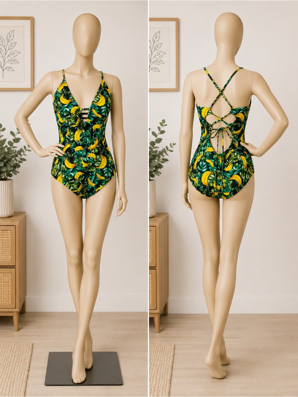 Gianni Bini Green Yellow Gone Bananas Tropical One-Piece Lace Up Plunge Swimsuit